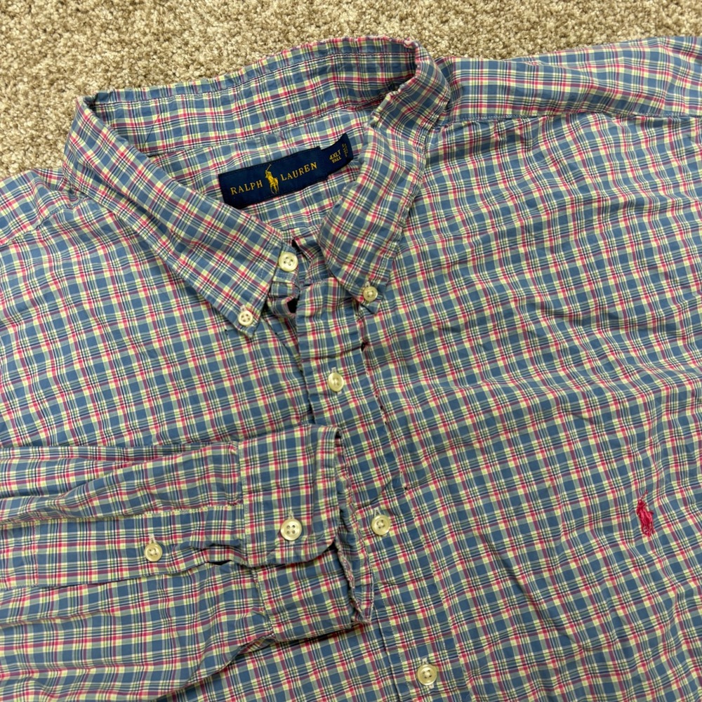 Ralph Lauren Long Sleeve Button Down Shirt Mens 4XLT Blue Pink Plaid Pony Logo
